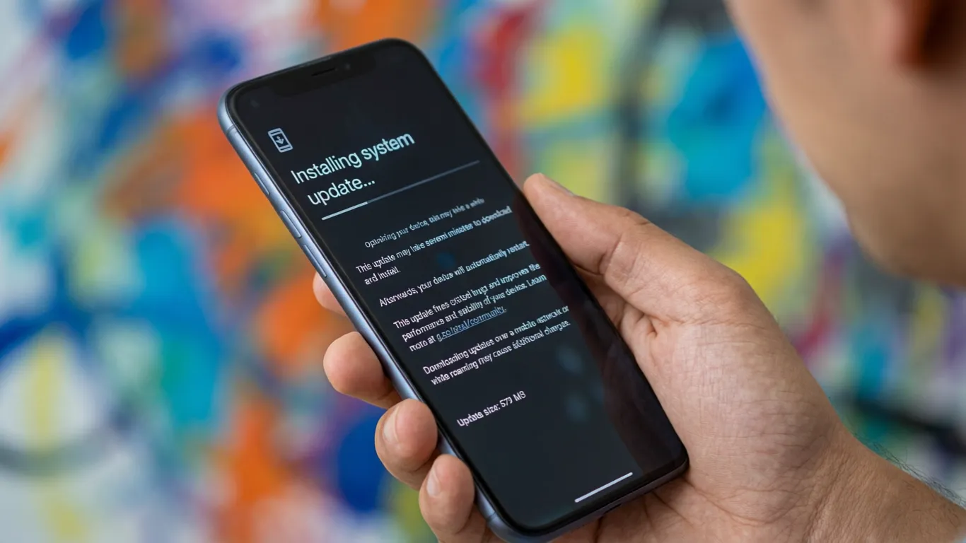 Google Pixel 10 Pro showing system update screen with May 2026 Android 16 security patch installing