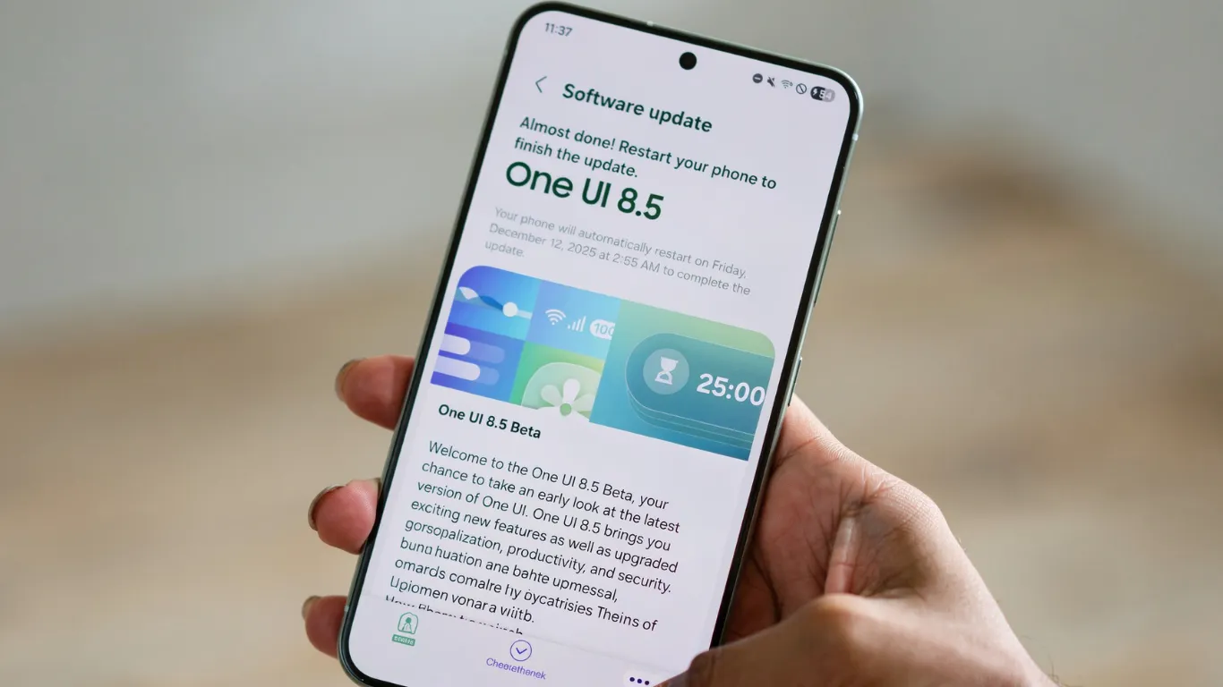 Samsung Galaxy S25 showing One UI 8.5 update notification on screen with new Quick Share AirDrop toggle visible