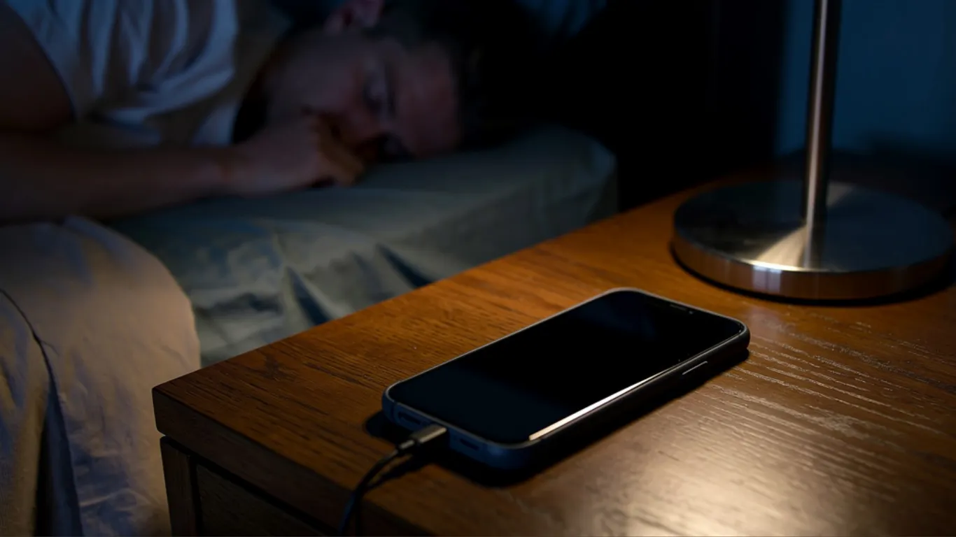 Person sleeping in bed at night charges his phone overnight on wooden bedside table with cable plugged in