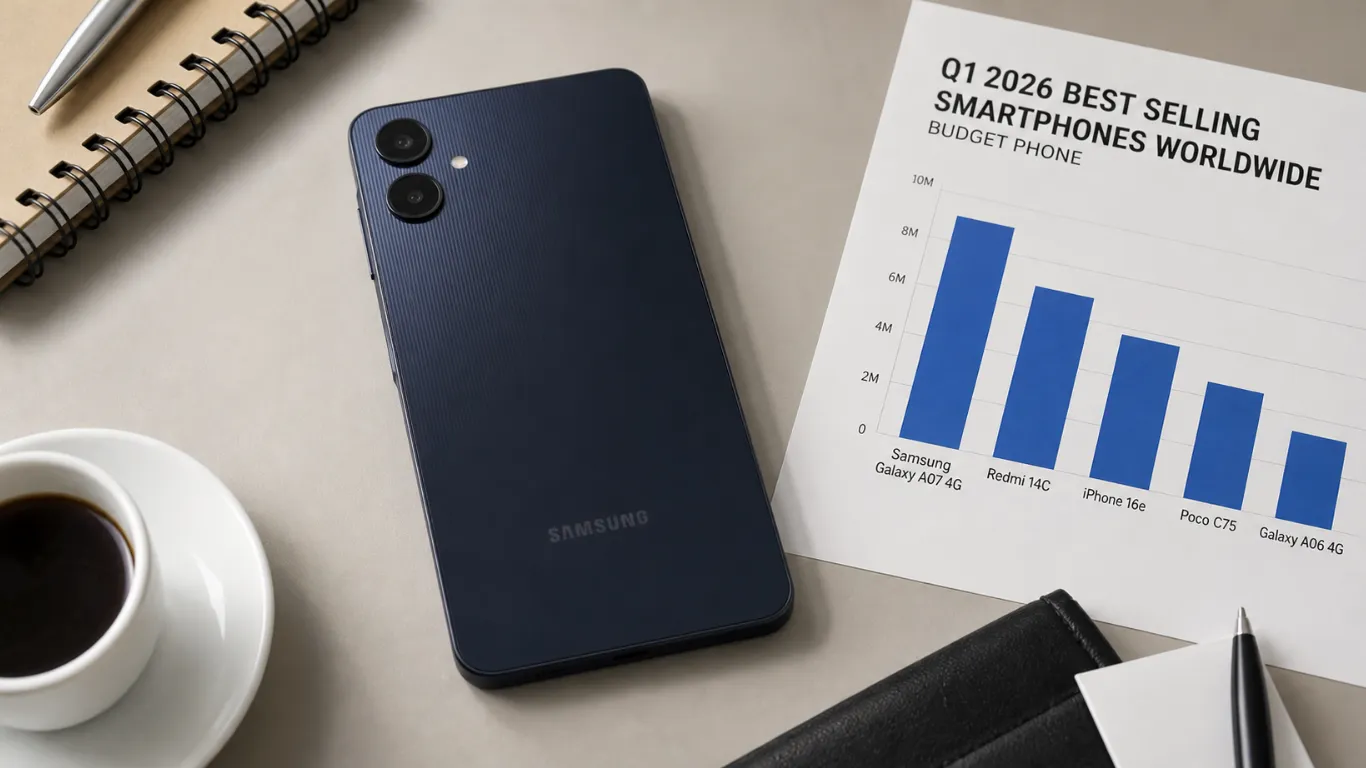 Samsung Galaxy A07 4G in black next to chart showing Q1 2026 top selling android, smartphones worldwide budget phone