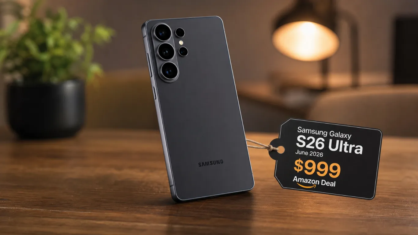 Samsung Galaxy S26 Ultra in Black showing rear camera system with $999 Amazon deal price tag June 2026