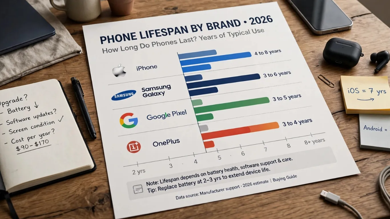 How Long Do Phones Last? Timeline graphic showing phone lifespan by brand with iPhone Samsung Google Pixel and OnePlus logos 2026