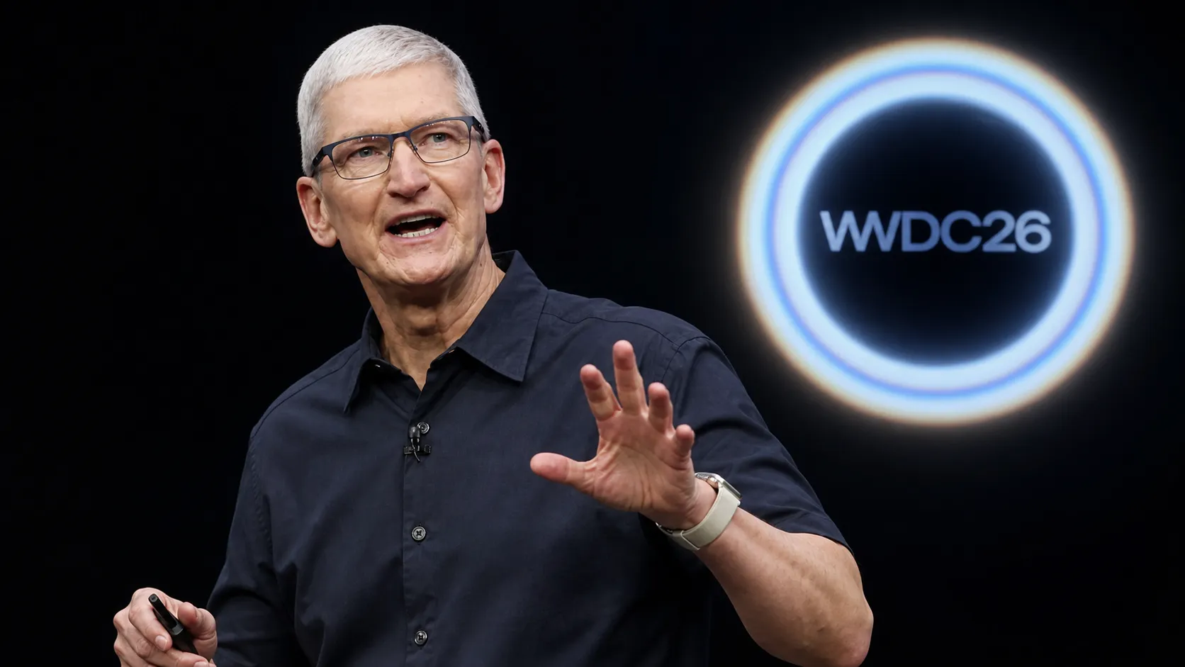 WWDC 2026 graphic on screen with an iPhone showing the Apple Events stream page