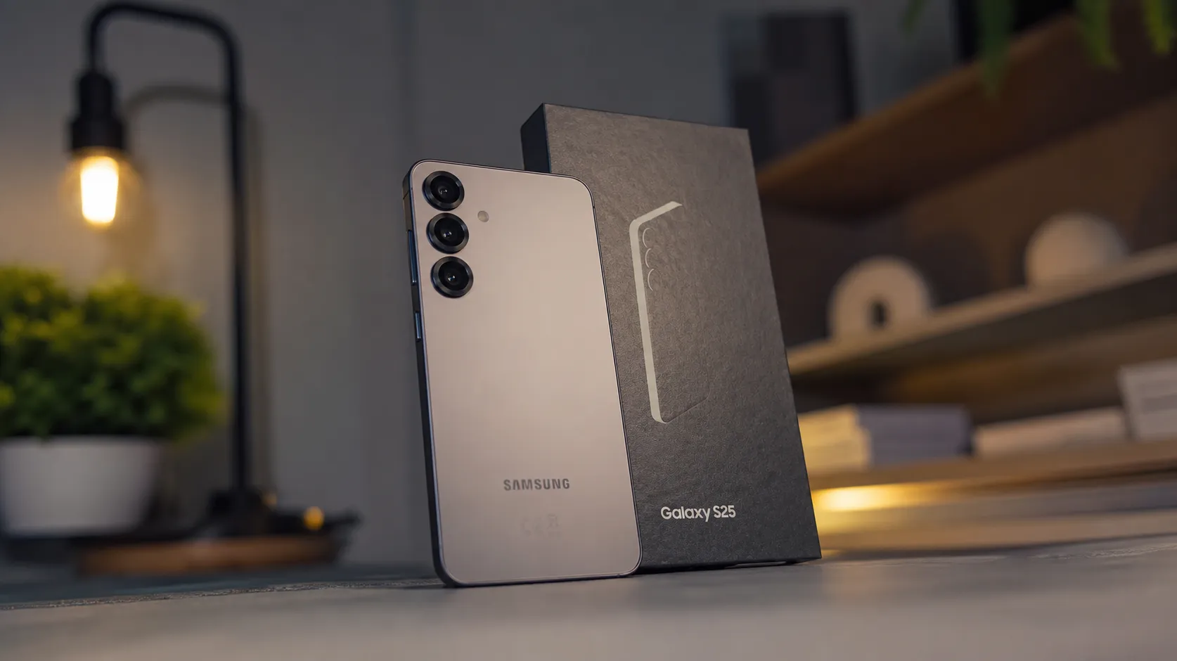 Samsung Galaxy S25 in silver standing next to its official black retail packaging box on a desk