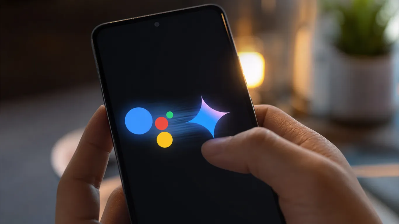 Google Assistant logo fading out being replaced by Google Gemini logo on Android phone screen in September 2026