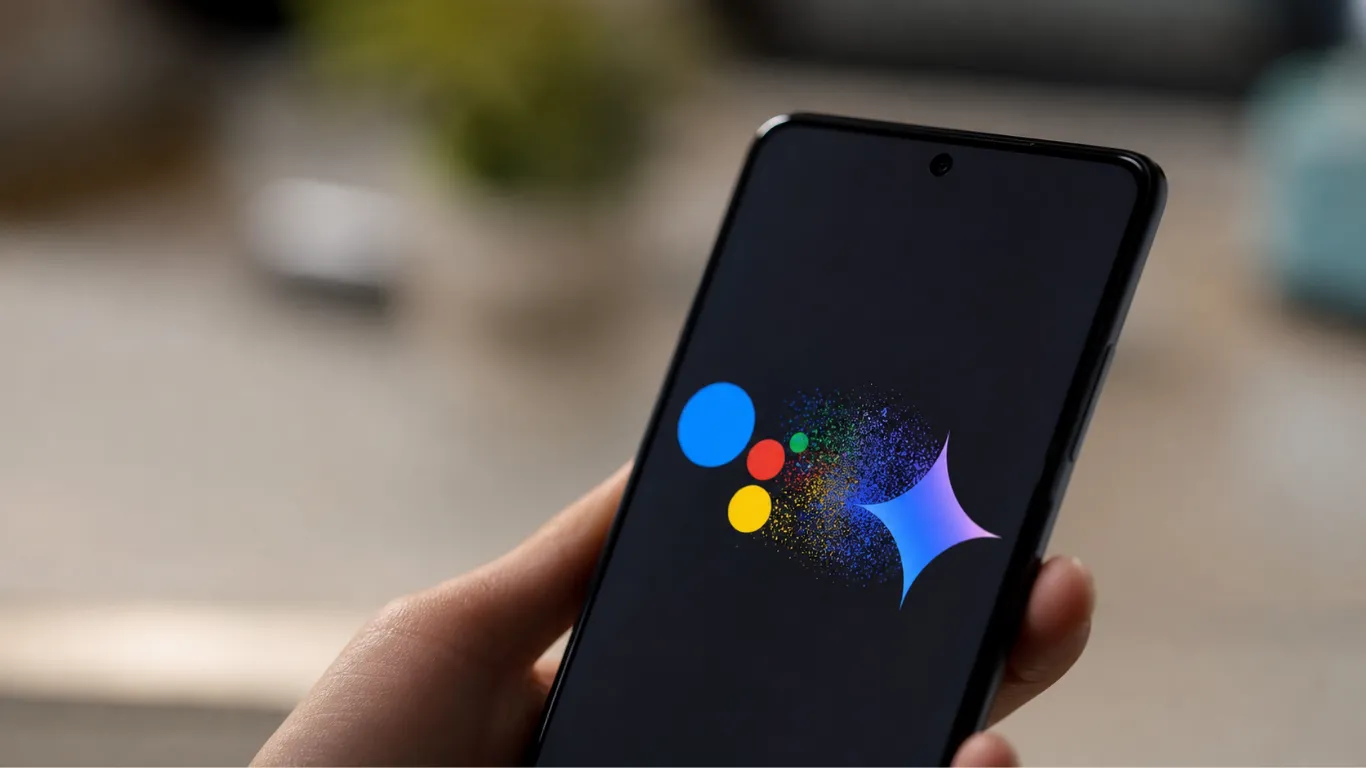 Google Assistant logo fading out being replaced by Google Gemini logo on Android phone screen in September 2026
