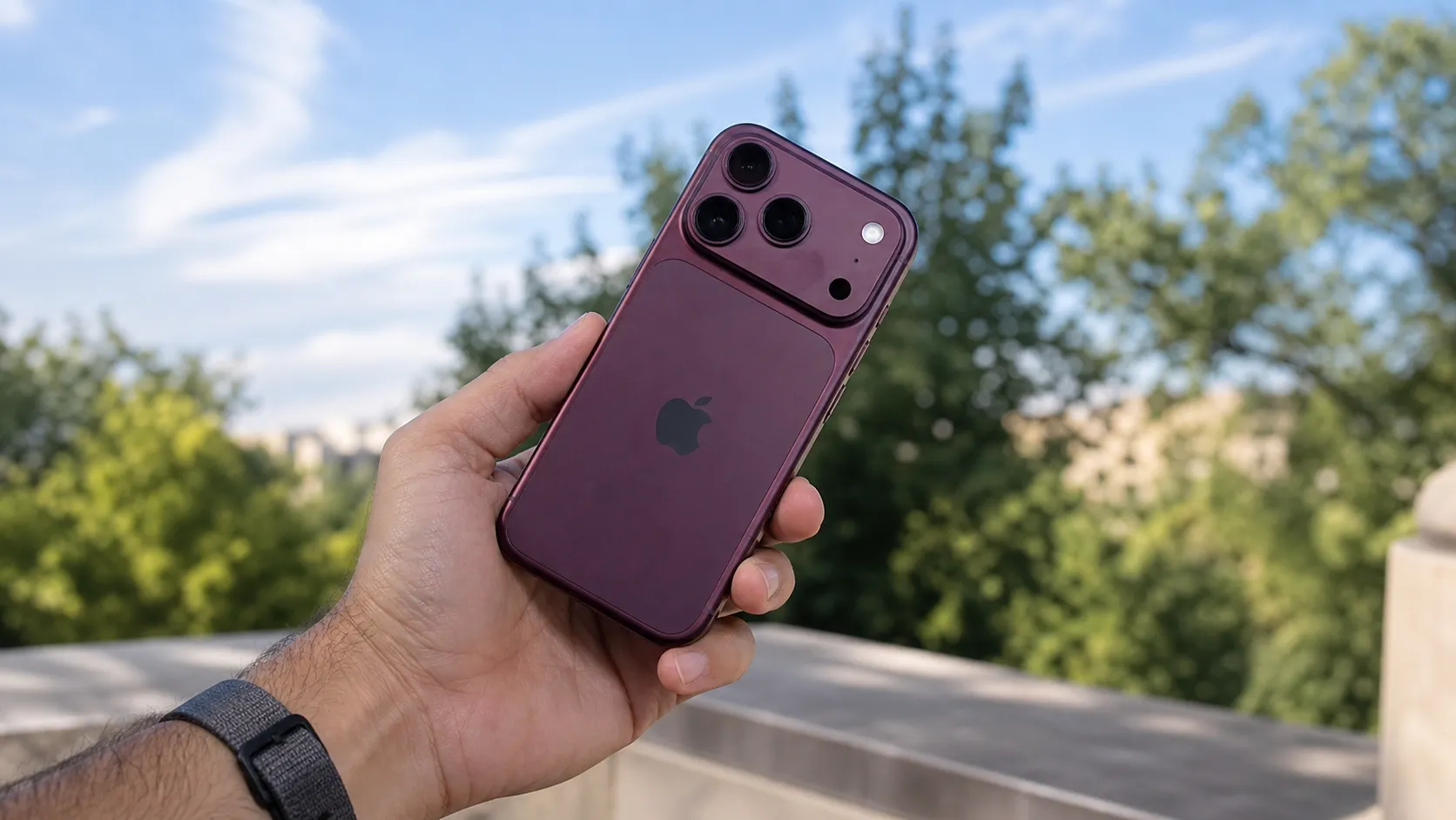 Hand holding the Burgundy iPhone 18 Pro outdoors, highlighting the titanium back and camera array against a blurred background of trees and sky.