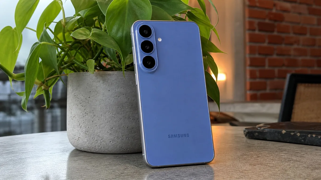The back panel of the Samsung Galaxy S26 FE in Blueberry next to a green potted plant, showing the glass finish and Samsung logo.