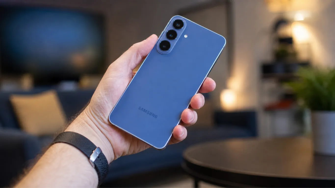 A hand holding the Samsung Galaxy S26 FE in Blueberry, showing the updated raised camera island and triple lens array.