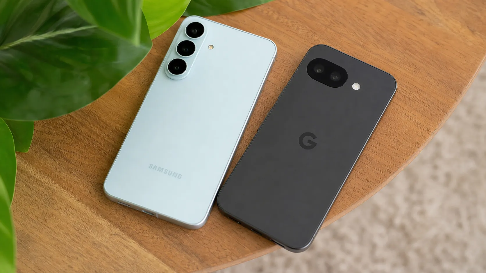 Samsung Galaxy S26 FE in mint green next to Google Pixel 10a in Obsidian black